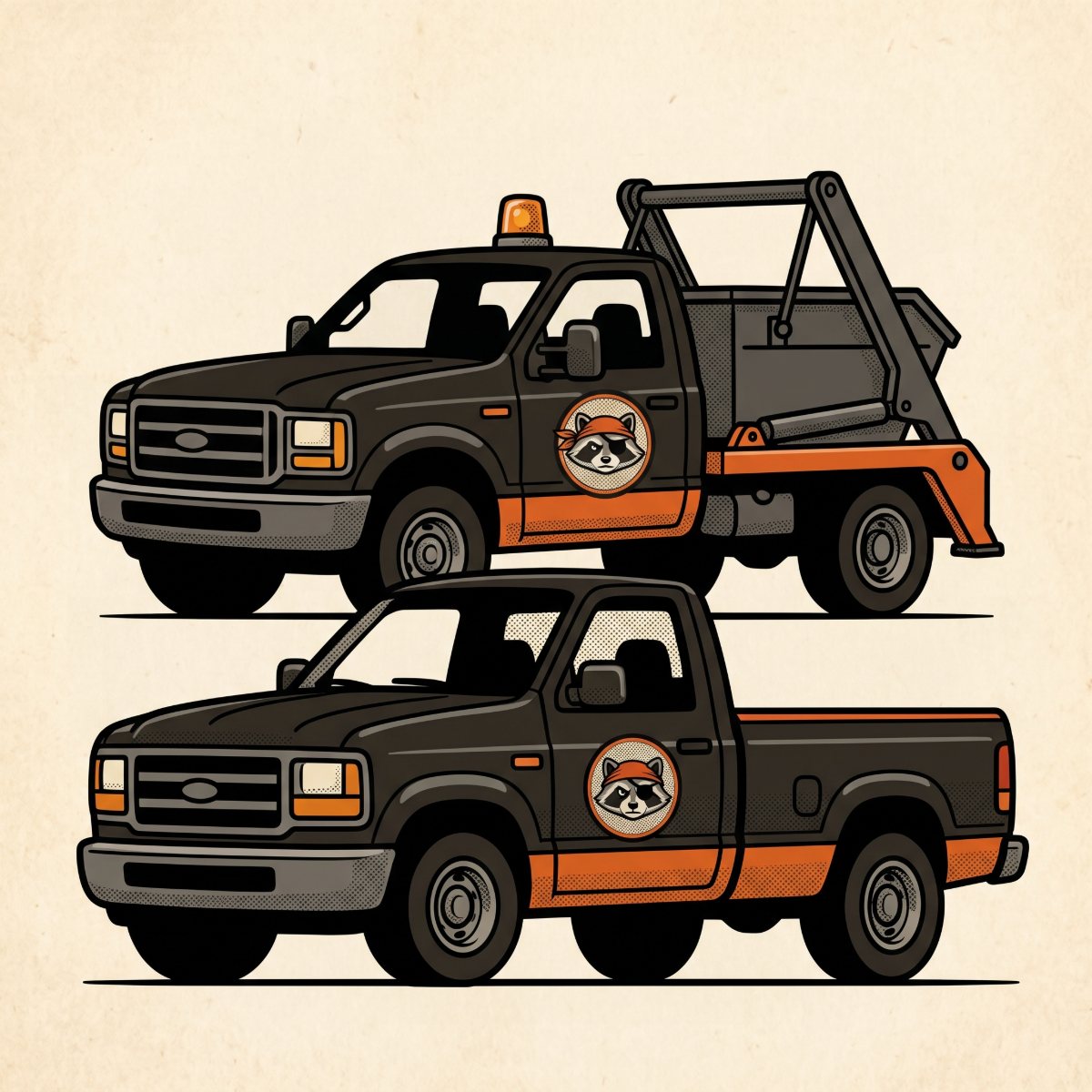 The Rowdy Raccoon trucks — charcoal with an orange stripe and the raccoon mark on the door