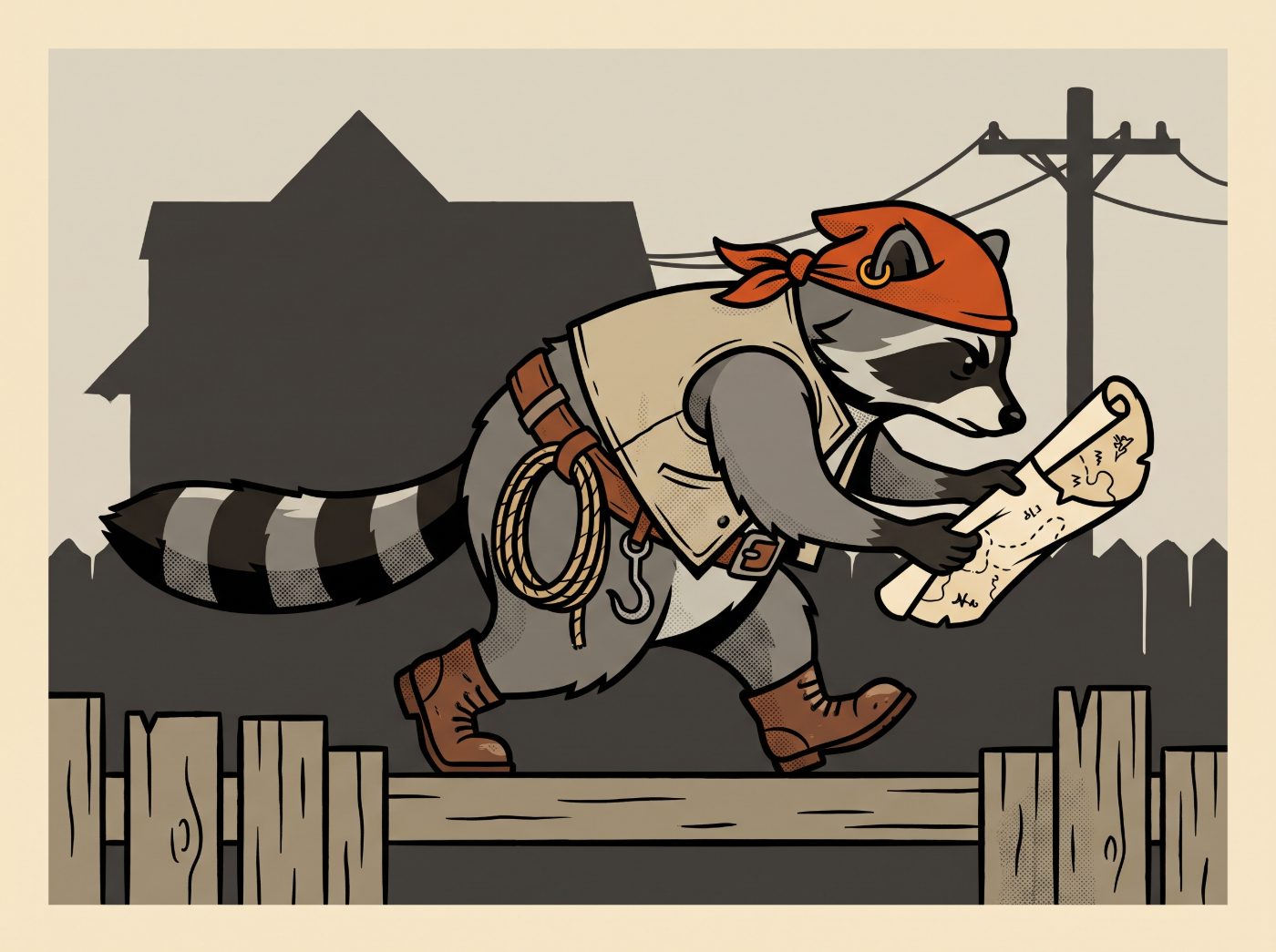The raccoon prowling a back fence with a route map in hand