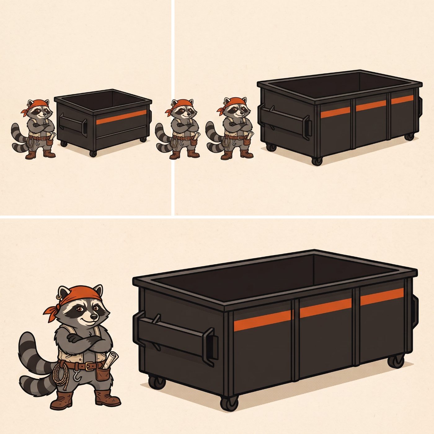 The three Rowdy Raccoon bin sizes shown next to the mascot for scale