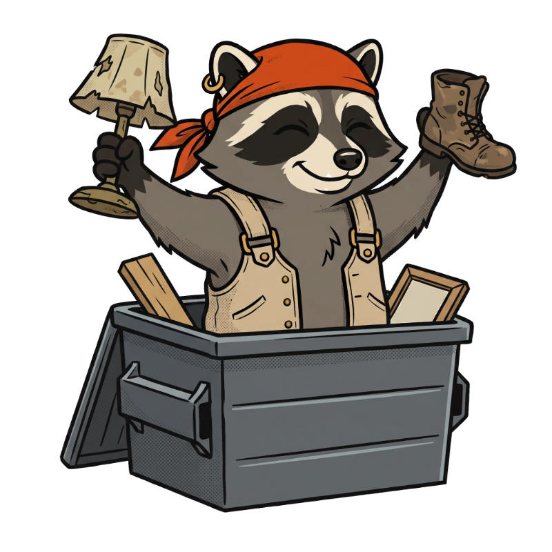 Raccoon celebrating in a full dumpster