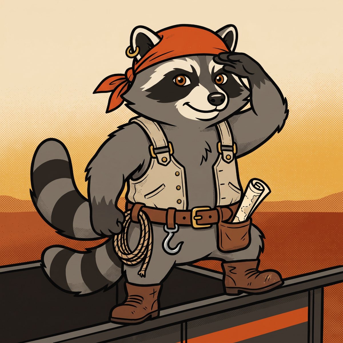 Rowdy Raccoon mascot saluting from the rail of a dumpster